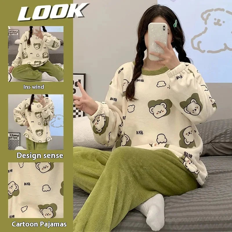 Large Size Pajama Woman Winter Coral Velvet Student Homewear Two-Piece Wearable Round Neck Long Sleeve Long Trousers Flannel Paj