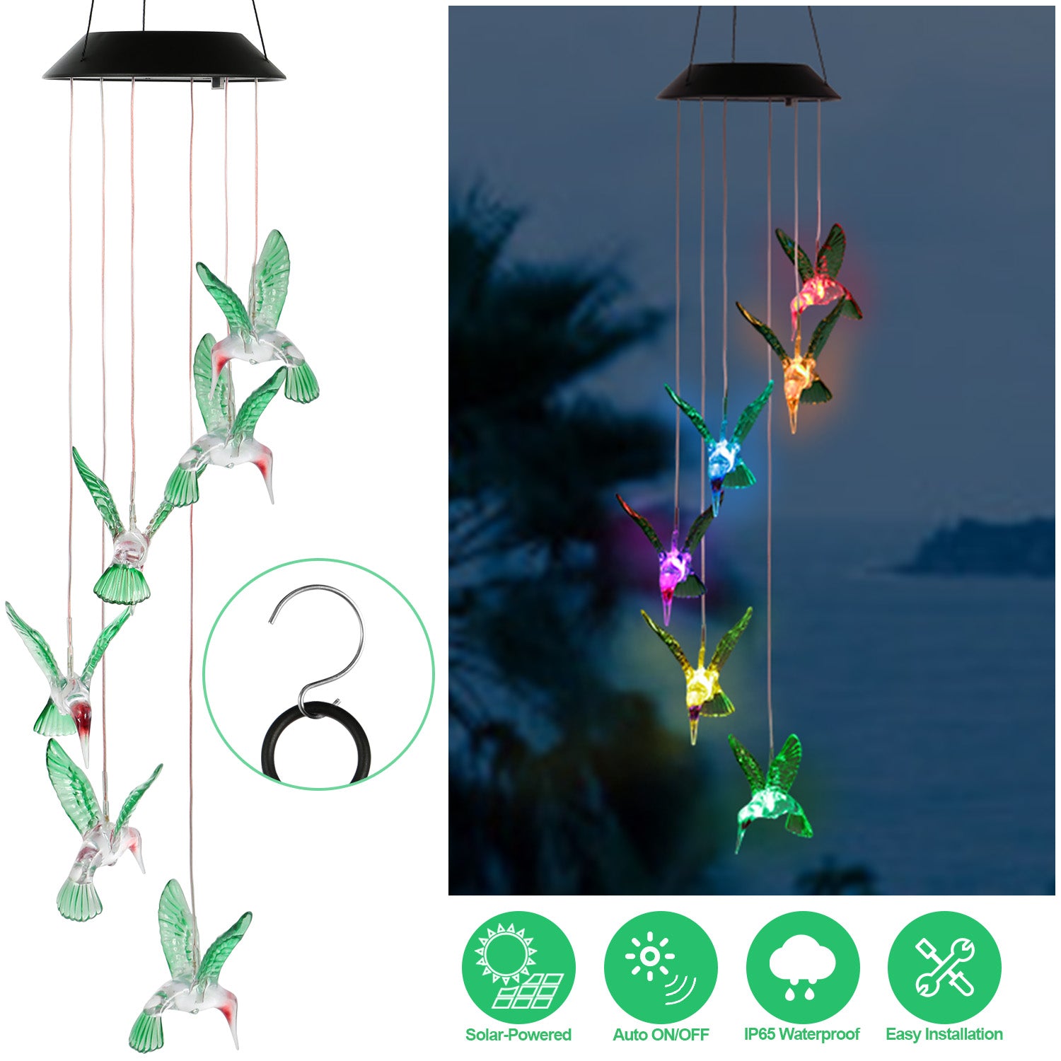 1Pc LED Solar Hummingbird Wind Chime Solar String Lights 6 LEDs Color-Changing IP65 Waterproof Decorative Lamp Lighting For Home Garden Fence Party