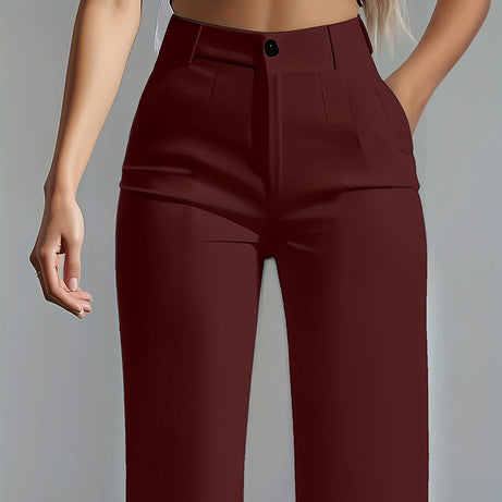 Women's Solid Color High-Waisted Wide Leg Pants, Relaxed Fit Straight Leg Trousers With Zip-Fly For Daily Wear