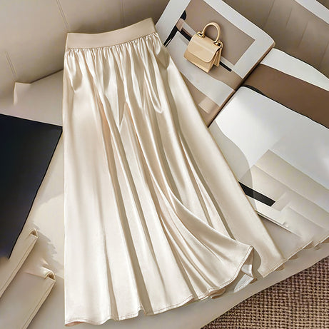 Women's Solid Color Satin Midi Skirt With Bow Detail, Elegant Pleated Skirt For Office And Vacation Wear