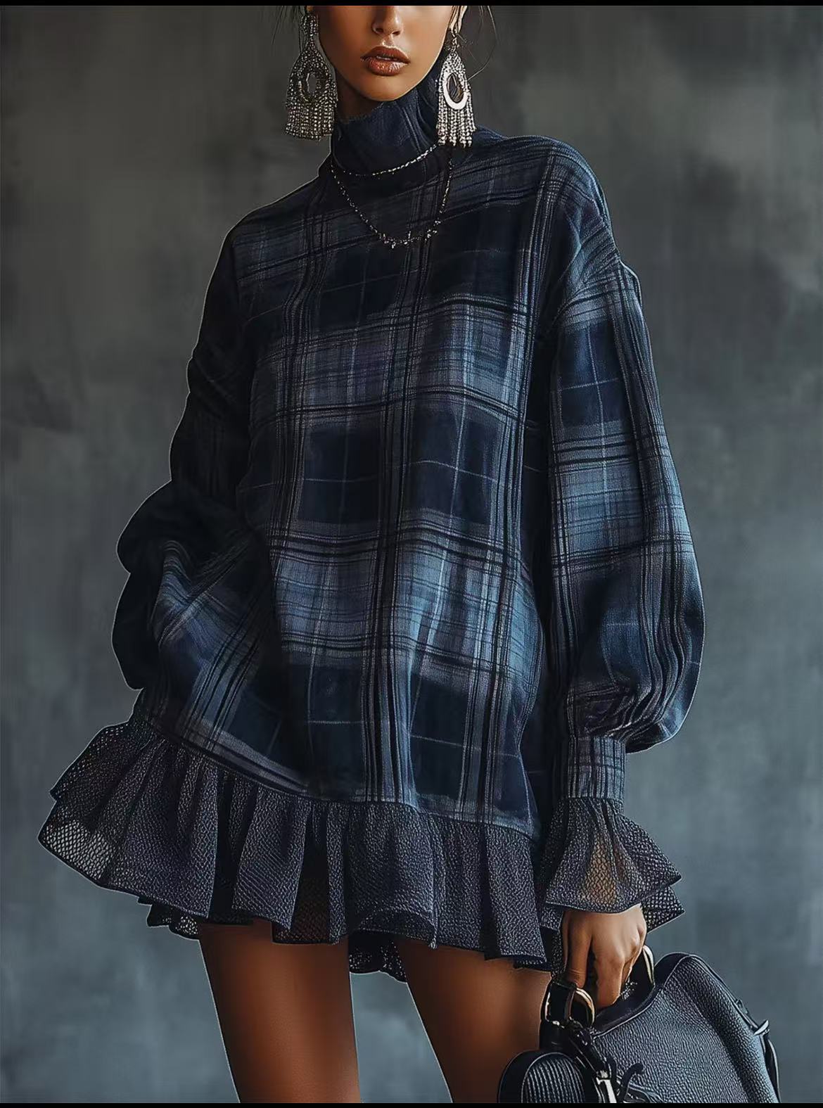 Women's Spring Collection Designer Plaid Dress With Ruffled Hem