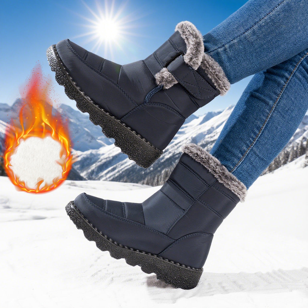 Women's Snow Boots With Rabbit Fur And Velcro Closure