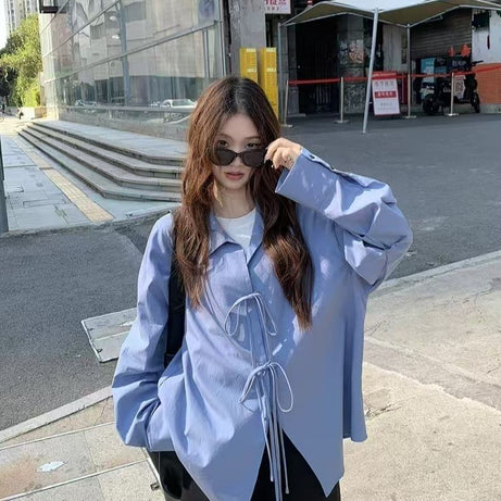 Laid-back Style Bow-Tied Long-Sleeve Shirt