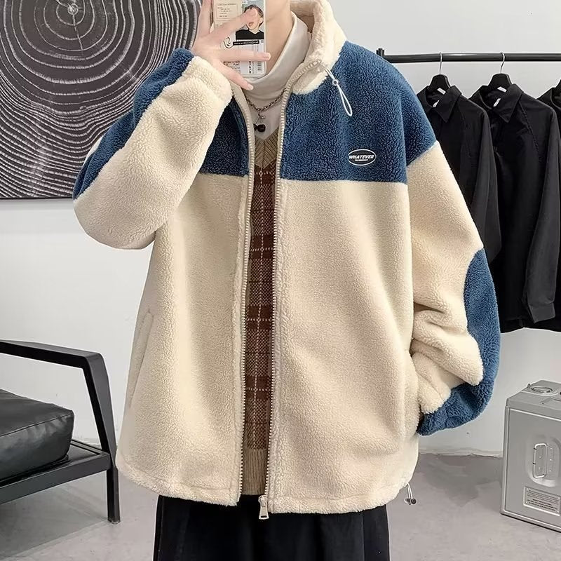 Mens Color-Block Thickened Casual Warm Cotton Padded Jacket