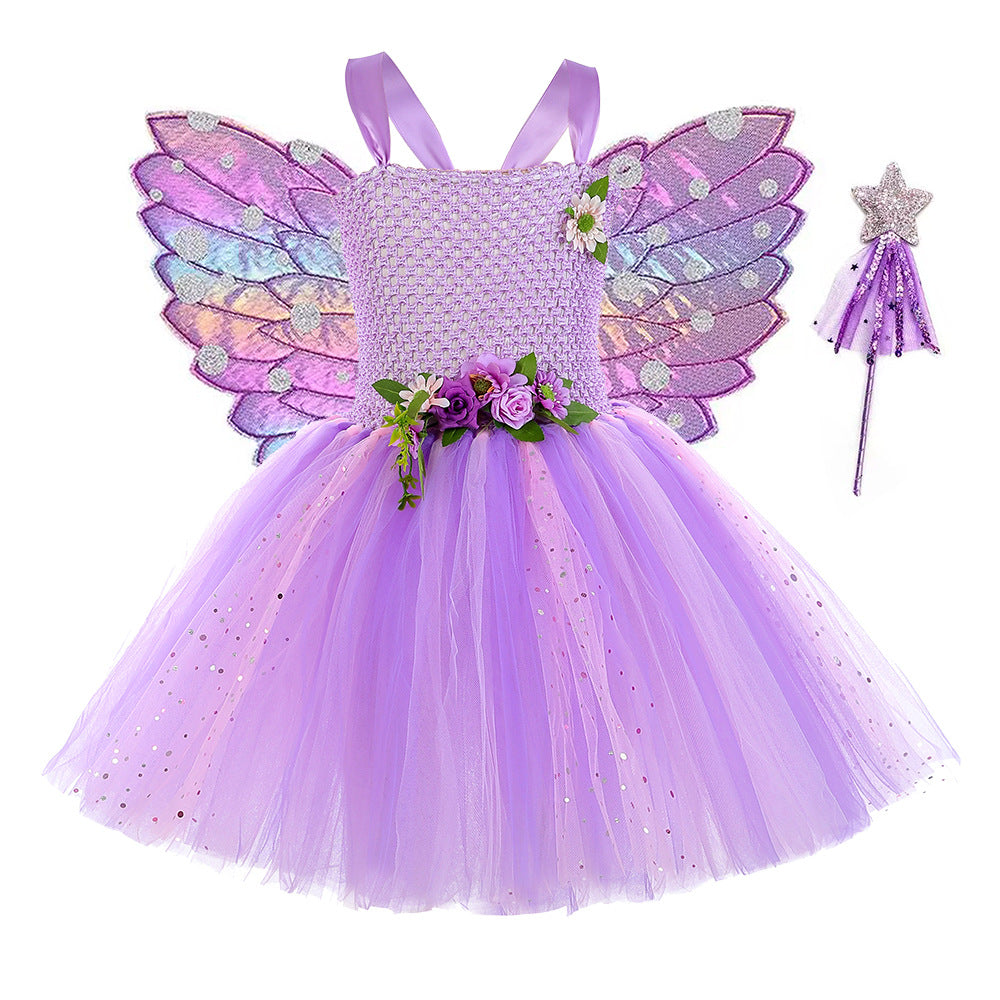 Purple Flower Fairy Elf Girls' Tulle Princess Children's Wings Fairy Role-Play Dress