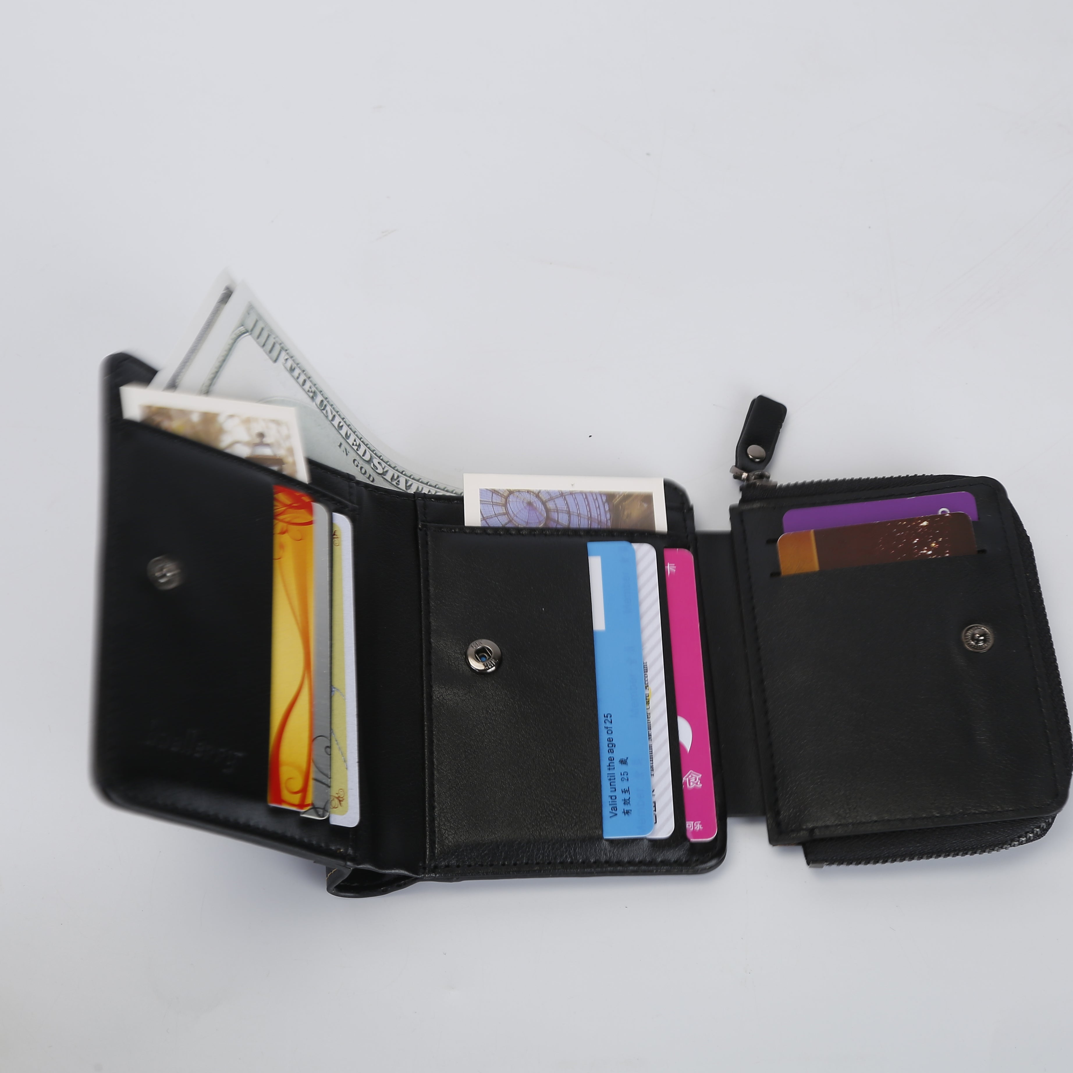 1Pc Men Leather Wallet ID Card Holder Purse Trifold Clutch Money Zipper With ID Window 14 Credit Card 1 ID Card