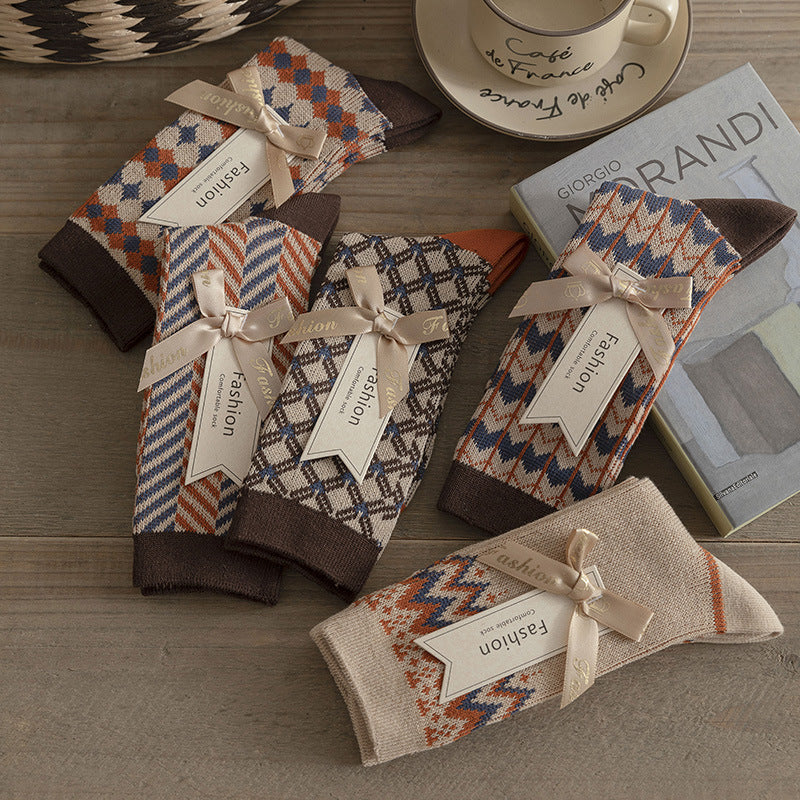 Double-Needle Dual-Channel Sweat-Absorbing Breathable Wireless Top Preppy-Style Mid-Calf Women's Socks