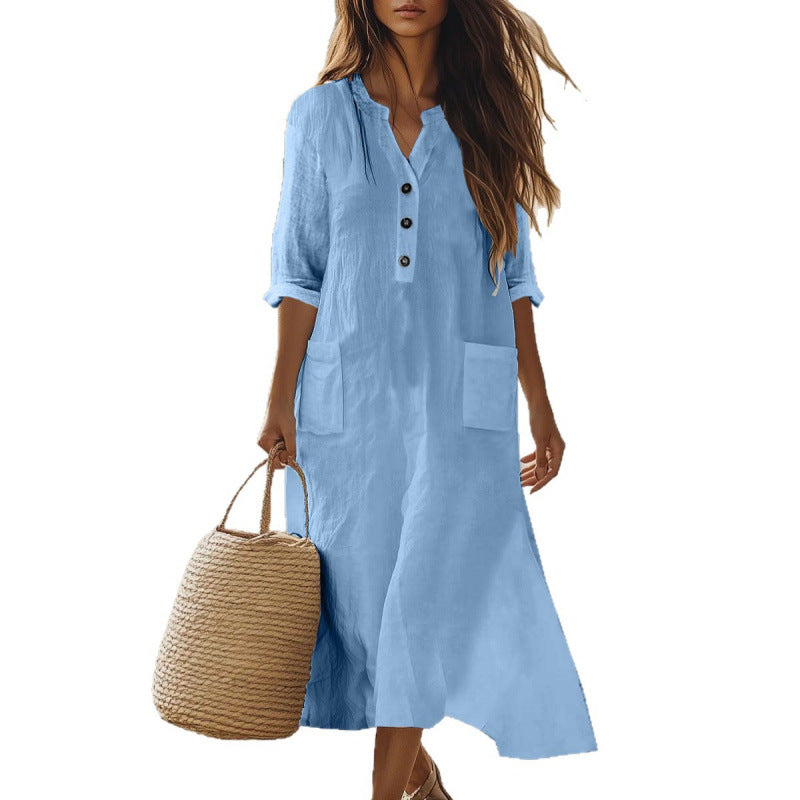 Women's Solid-Color Loose Bohemian Resort Cotton-Linen Dress With Pockets