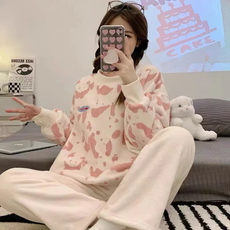 Large Size Pajama Woman Winter Coral Velvet Student Homewear Two-Piece Wearable Round Neck Long Sleeve Long Trousers Flannel Paj