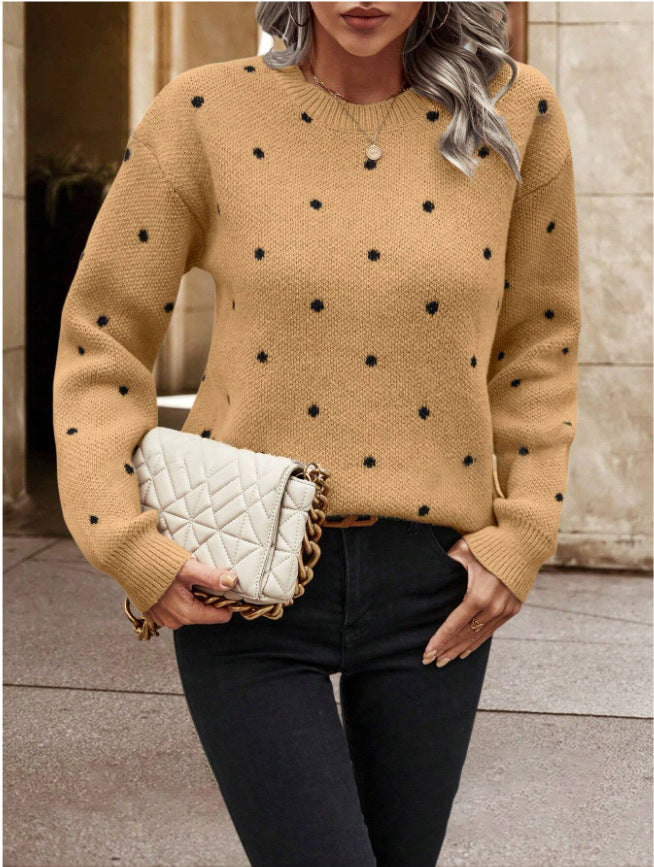 Fashion Polka Dot Print Pullover Sweater Casual Long-sleeved Knitted Tops Women's Clothing