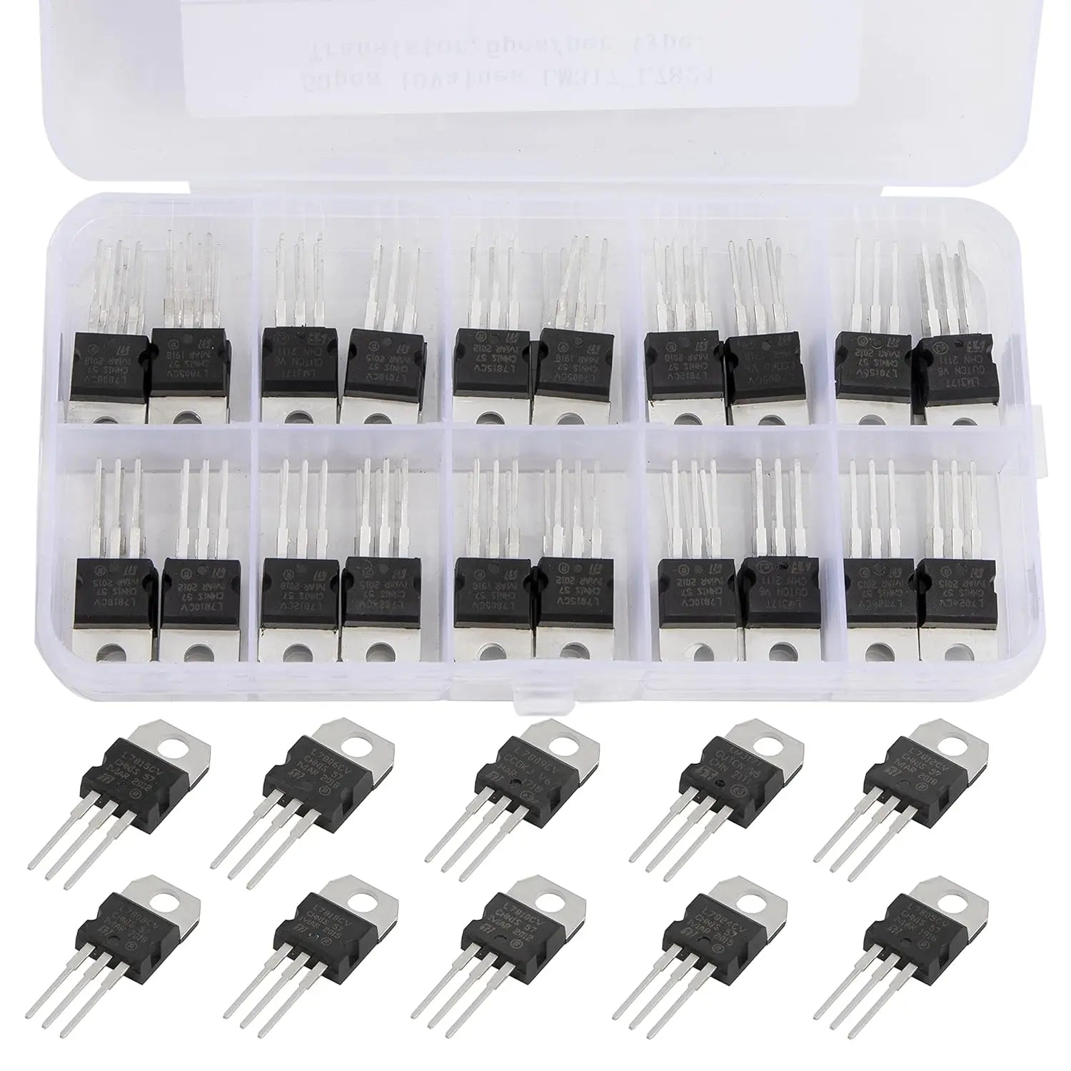 LM317T L7805 L7806 L7808 L7809 L7810 L7812 L7815 L7818 L7824 Transistor Assortment Kit 10value*5pcs 50PCS Voltage Regulator Box