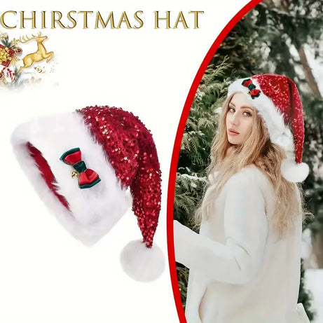 Christmas Hat With Red Sequins And Bow Design Warm Plush Decorative Hat, Christmas Enlarged And Thickened Long Haired Hat