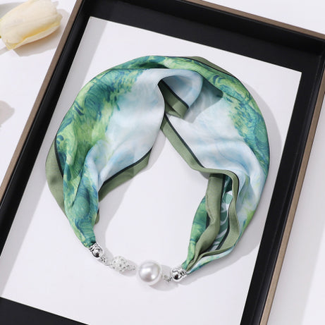 Magnetic Buckle Silk Women Scarf Pearl Necklace