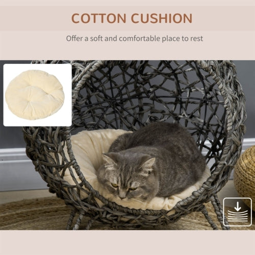 PawHut Rattan Elevated Cat Bed House Kitten Basket Ball Shaped Pet Furniture W Removable Cushion - Silver-Tone And Grey
