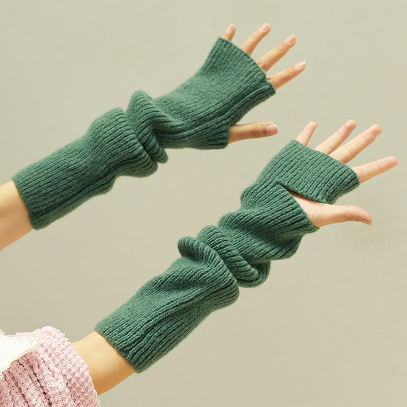 Women's Solid-Color Cashmere Long Half-Finger Winter Gloves