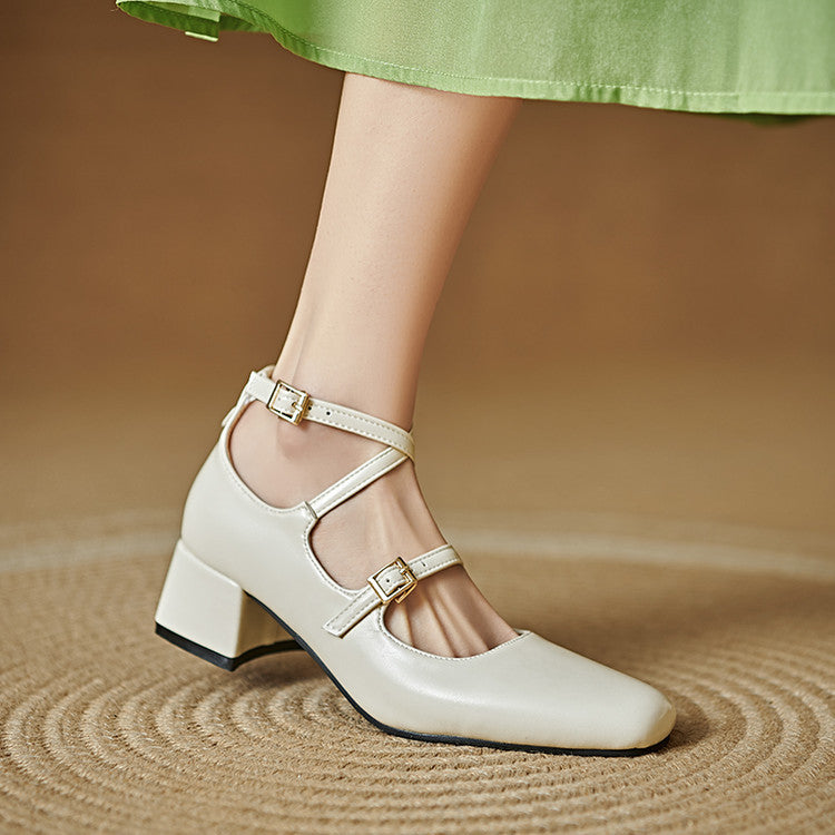 British-style Square-toe Mid-heel Buckle-toe Women's Pumps