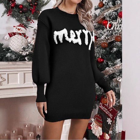 Women's Christmas Knitted Round Neck Sweater Dresses Lantern Sleeve Pullover Sheath Dress Elegant Loose New Year Party Dresses Fall Winter Knitted Sweater Jumper
