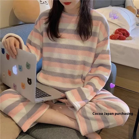 Large Size Pajama Woman Winter Coral Velvet Student Homewear Two-Piece Wearable Round Neck Long Sleeve Long Trousers Flannel Paj