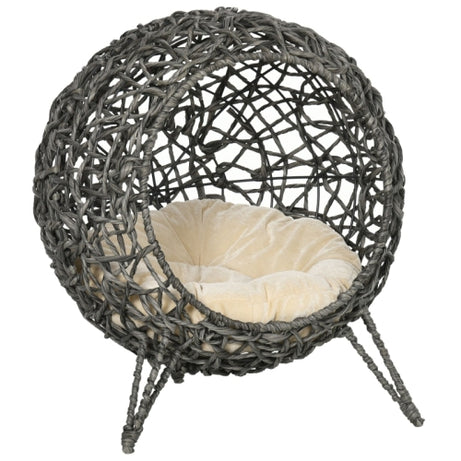 PawHut Rattan Elevated Cat Bed House Kitten Basket Ball Shaped Pet Furniture W Removable Cushion - Silver-Tone And Grey