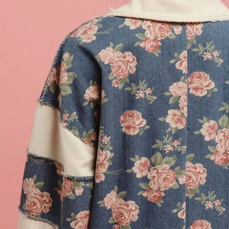 BiBi Washed Floral Denim Romper With Contrast Collar