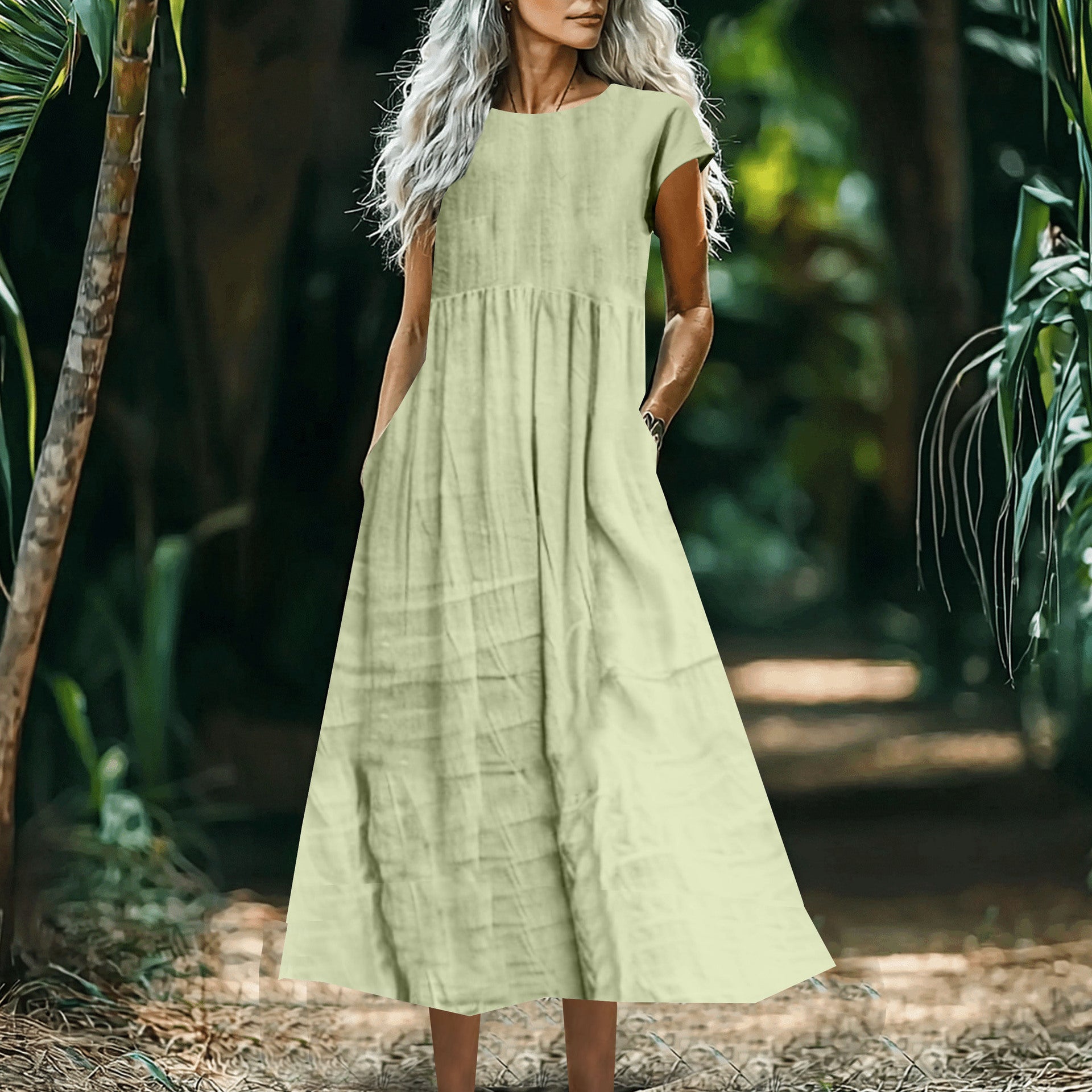 Women's Solid-Color Loose-Fitting All-Match Cotton-Linen Dress With Pockets