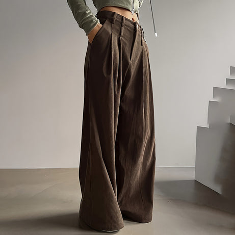 Women's Solid Color High-Waisted Pleated Pants, Wide Leg Trousers With Pockets For Casual Spring And Fall Wear