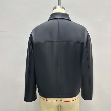 Women's Faux Leather Jacket, Cropped Zip Up Long Sleeve Casual Coat With Pockets