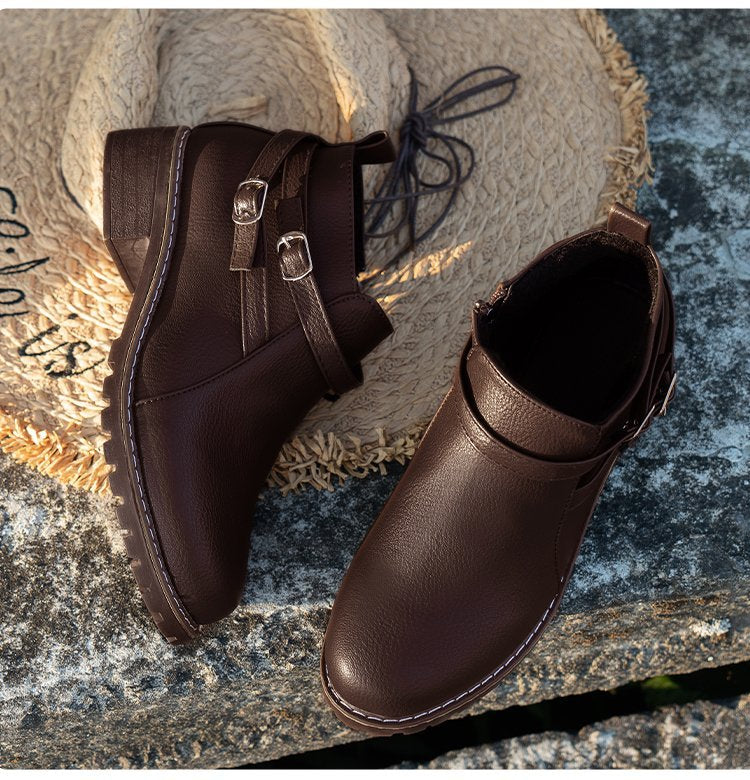 Low-heeled Leather Belt-buckle Plus-size Round-toe Ankle Boots