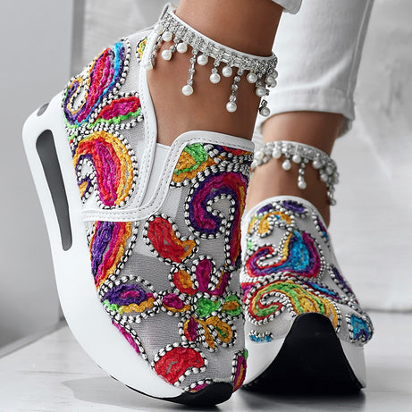 Women's Random Print Side Lace-Up Elastic Sport Shoes, Comfortable Slip-On Sneakers For Women, Casual Daily Wear Footwear