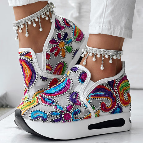Women's Random Print Side Lace-Up Elastic Sport Shoes, Comfortable Slip-On Sneakers For Women, Casual Daily Wear Footwear