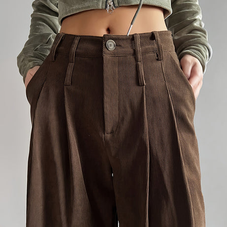 Women's Solid Color High-Waisted Pleated Pants, Wide Leg Trousers With Pockets For Casual Spring And Fall Wear