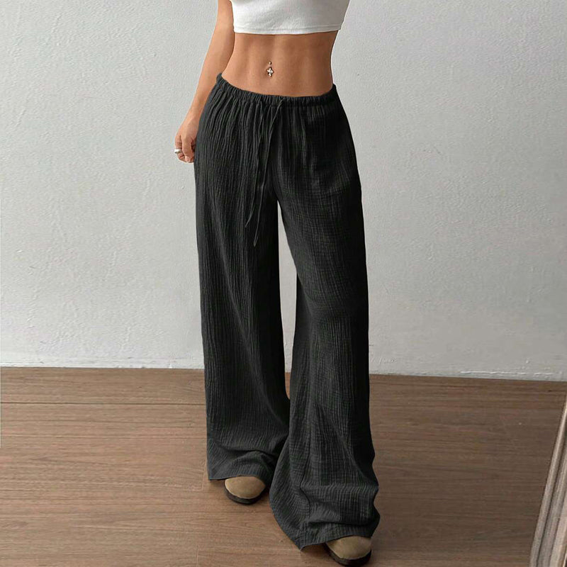Plus Size Women's Solid Color High-Waisted Wide Leg Pants Drawstring Waist Casual Trousers For Spring And Autumn