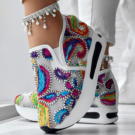 Women's Random Print Side Lace-Up Elastic Sport Shoes, Comfortable Slip-On Sneakers For Women, Casual Daily Wear Footwear