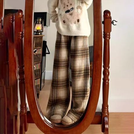 Women's High-Waisted Plaid Wide Leg Pants, Check Pattern Trousers With Drawstring Waist And Pockets