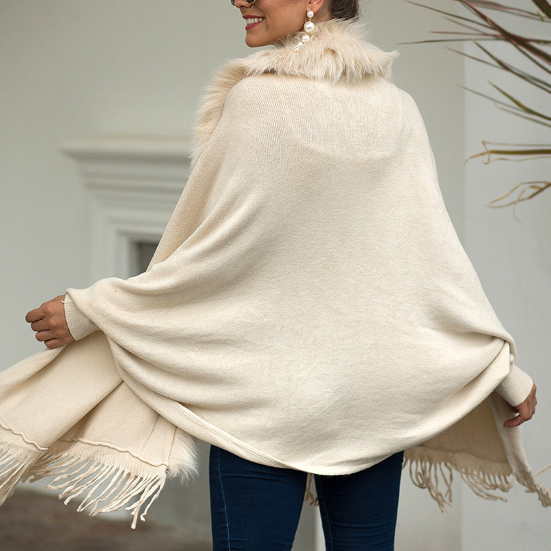 Women's Faux Fur Trim Cardigan Coat - Fringe Hem Layer Poncho For Fall & Winter