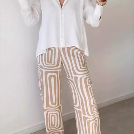 Women's Casual Long-sleeved Lapel Shirt Printed Wide-leg Pants Suit