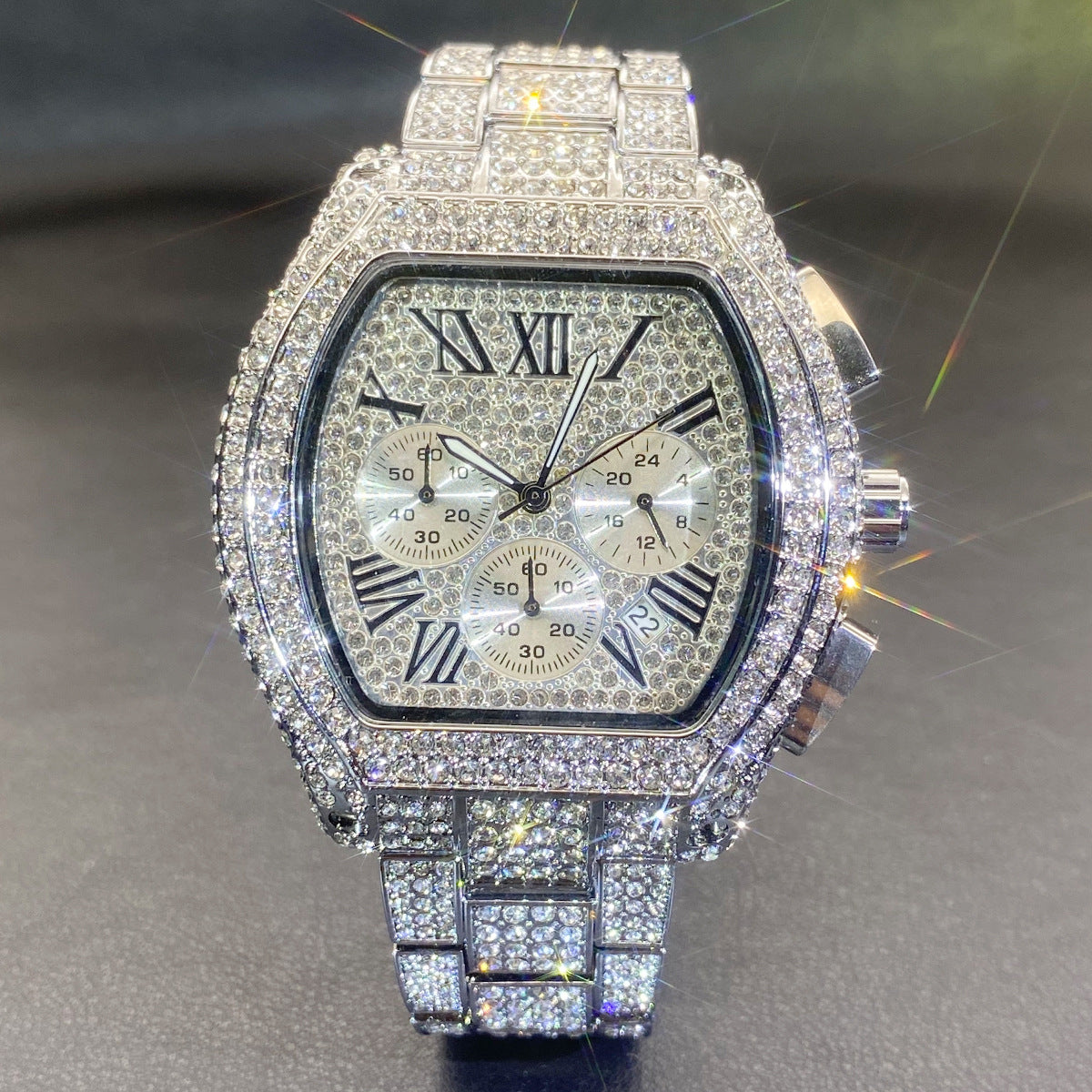 Hip Hop Men's Full Diamond Multi-function Chronograph Luminous Tonneau Quartz Watch