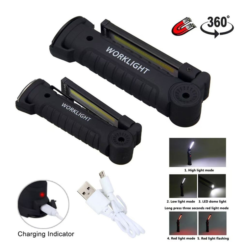 Rechargeable LED Work Light - 360 Degree Rotating Magnetic Base, Handheld Portable Light For Car Maintenance, Mechanical Work, Camping, Emergency - 5 Light Modes
