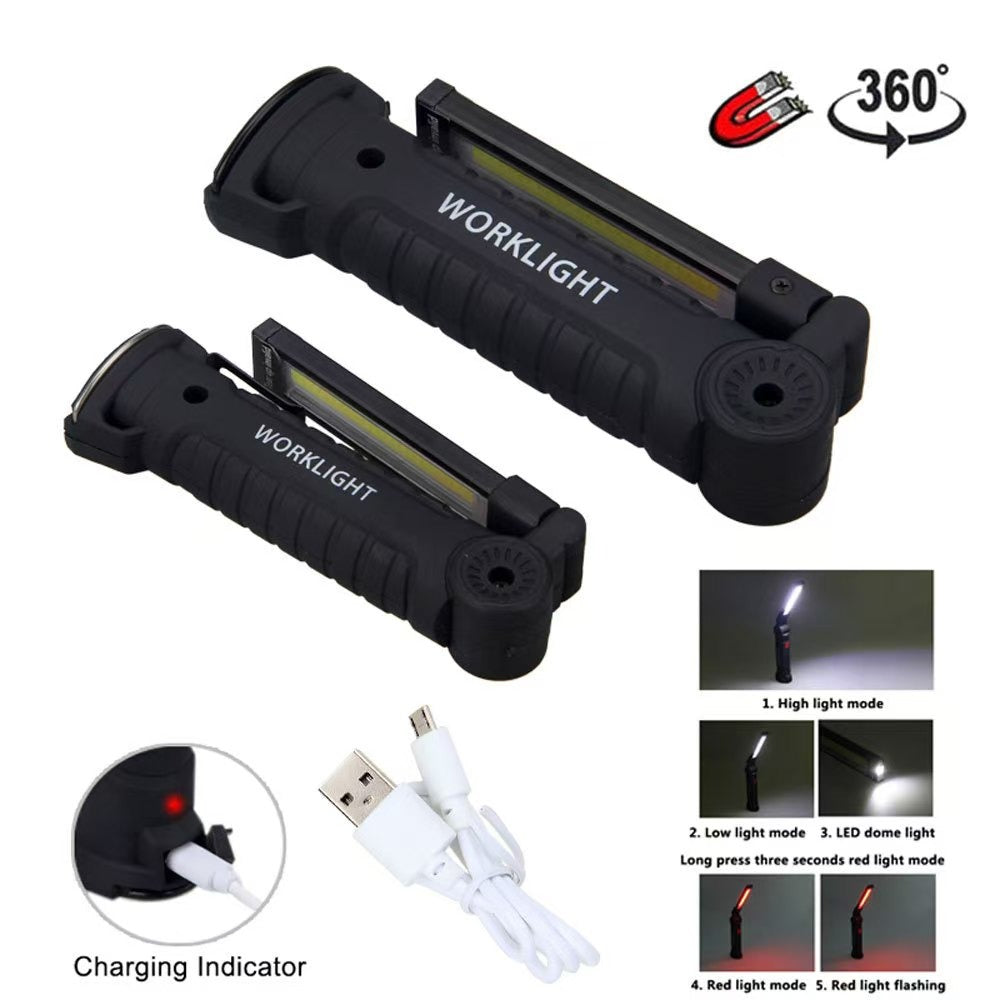 Rechargeable LED Work Light - 360 Degree Rotating Magnetic Base, Handheld Portable Light For Car Maintenance, Mechanical Work, Camping, Emergency - 5 Light Modes