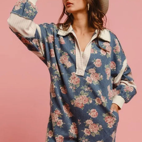 BiBi Washed Floral Denim Romper With Contrast Collar