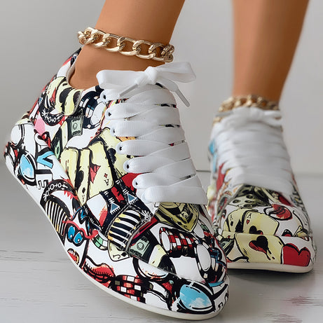 Women's Casual Round Toe Thick Sole Lace-Up Sneakers, Random Print Design, Comfortable Sporty Shoes For Daily Wear