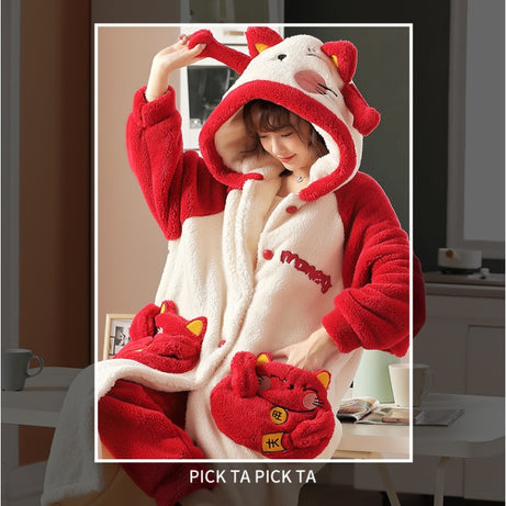 Autumn And Winter Parent-child Coral Velvet Pajamas Family Of Three Children Large Size Thickened Robe Nightgown