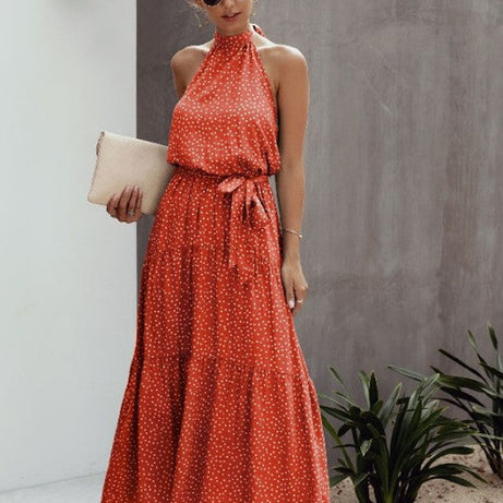 Tie Back Polka Dot Ruffle Hem Halter Dress