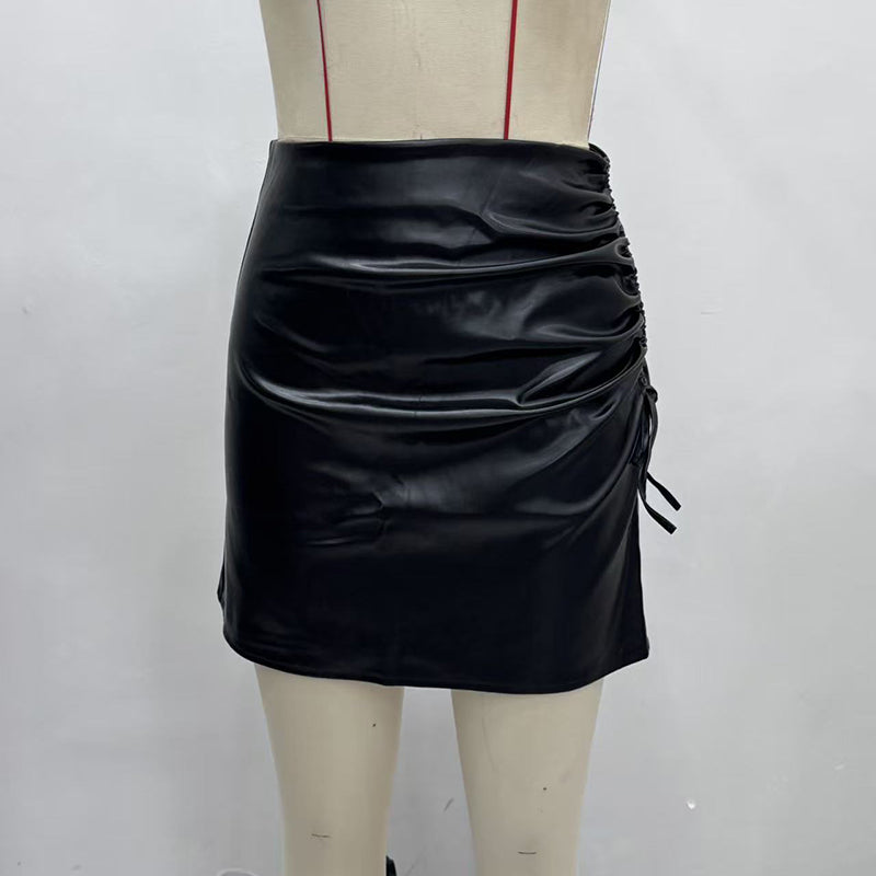 Women's Faux Leather Mini Skirt, Sexy Slim Side Slit Ruched Drawstring Bodycon Clubwear