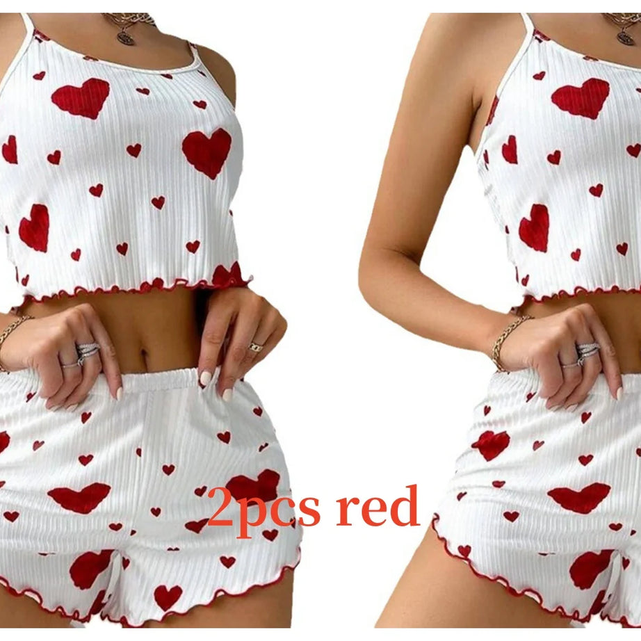Women's Pajamas Set Sleepwear 2 PCS Short Tank Tops And Shorts S M L White Ventilate Soft Casual Love Printing
