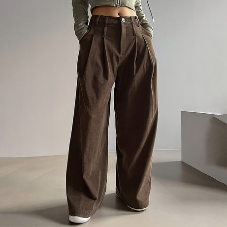 Women's Solid Color High-Waisted Pleated Pants, Wide Leg Trousers With Pockets For Casual Spring And Fall Wear