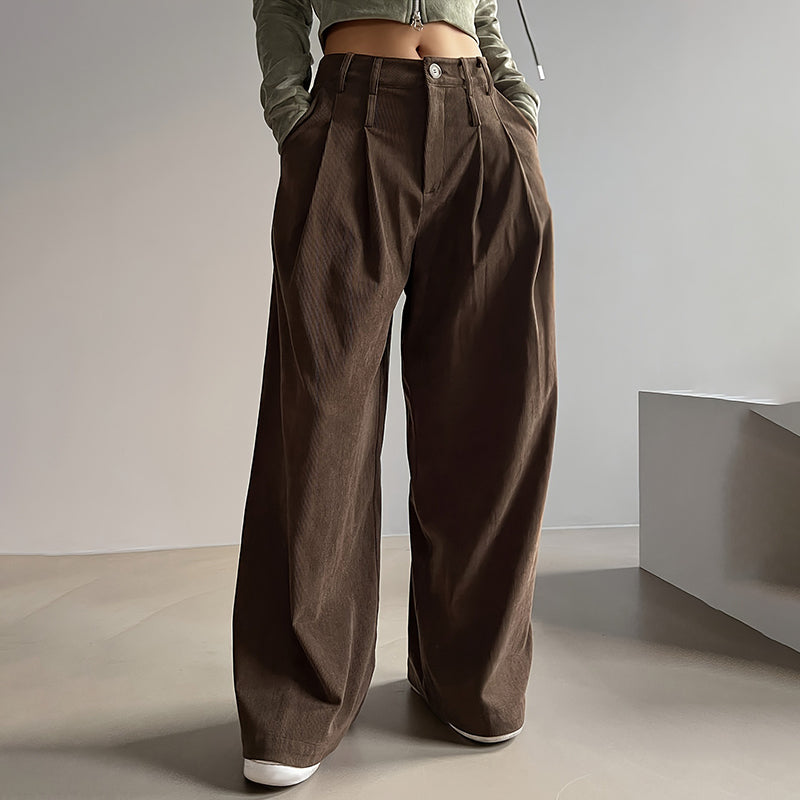 Women's Solid Color High-Waisted Pleated Pants, Wide Leg Trousers With Pockets For Casual Spring And Fall Wear