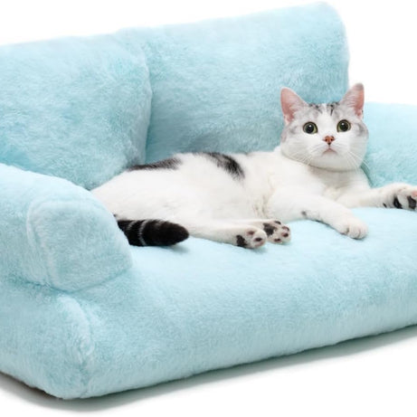 MEWOOFUN Plush Cat Bed For Indoor Cats - Washable 26x19x13 Inch Pet Couch With Non-Slip Bottom, Fluffy Small Dog Bed For Puppies & Kittens, Blue