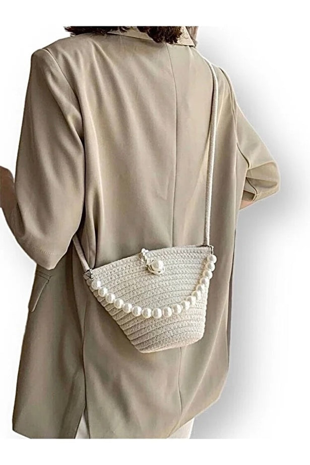 Women White Shoulder Bag With Pearl Design Elegant Baguette Handbag