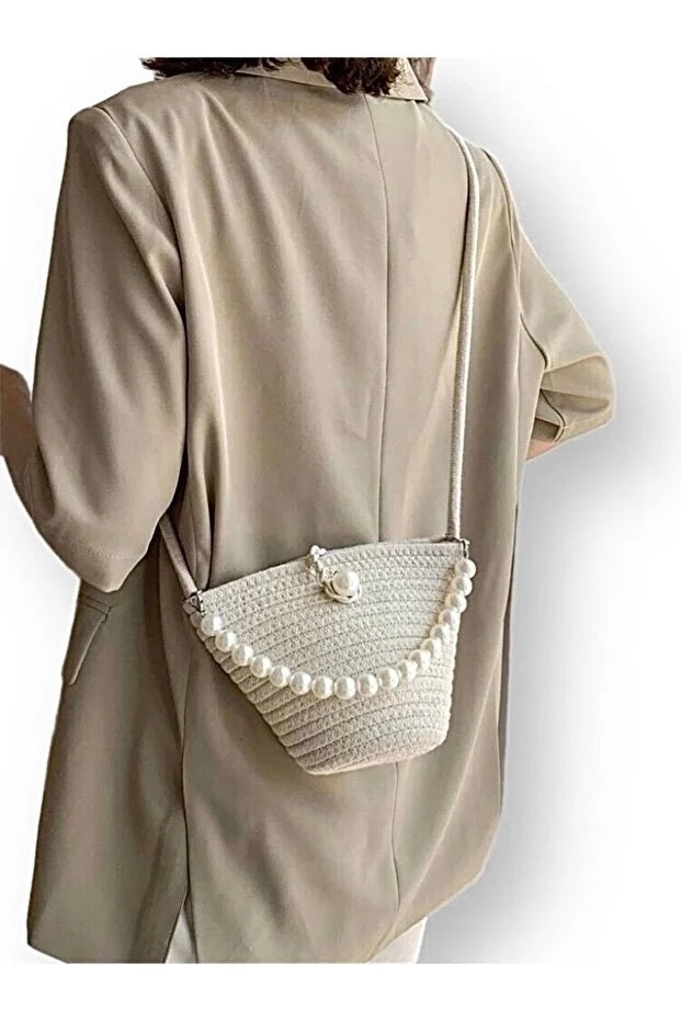 Women White Shoulder Bag With Pearl Design Elegant Baguette Handbag